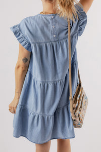 Beau Blue Ruffle Short Sleeve Tiered A-line Denim Dress - Modestly Vogue