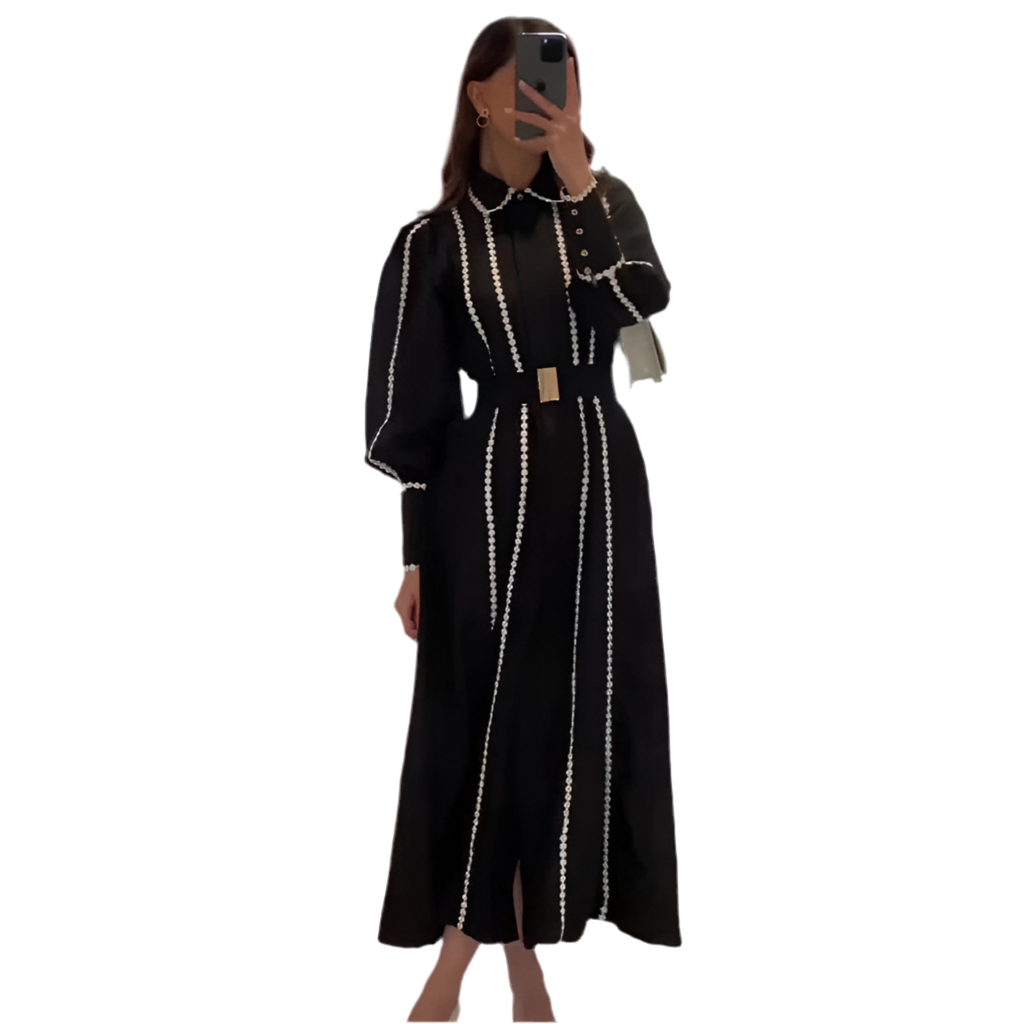 Fall French Lace Edge Collared Lantern Sleeve Single Row Dress