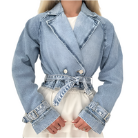 Women Collared Long Sleeve Denim Wind Bolero Jacket