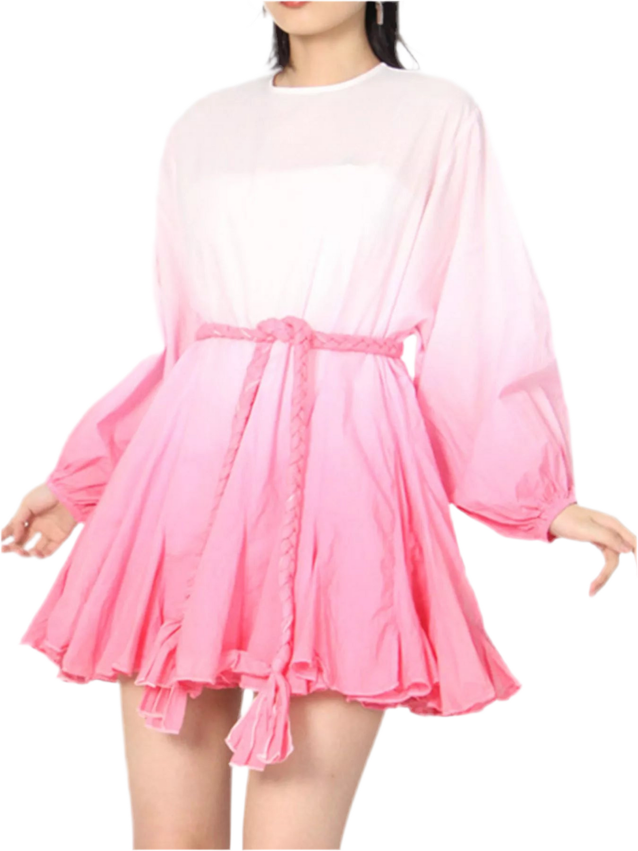 Gradient Round Neck Balloon Sleeve Dress