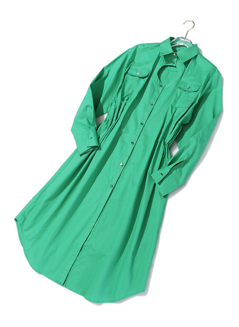 Geometric Abstract Round Hollow Out Cutout Pleated Waist Tight Cotton Shirt Dress