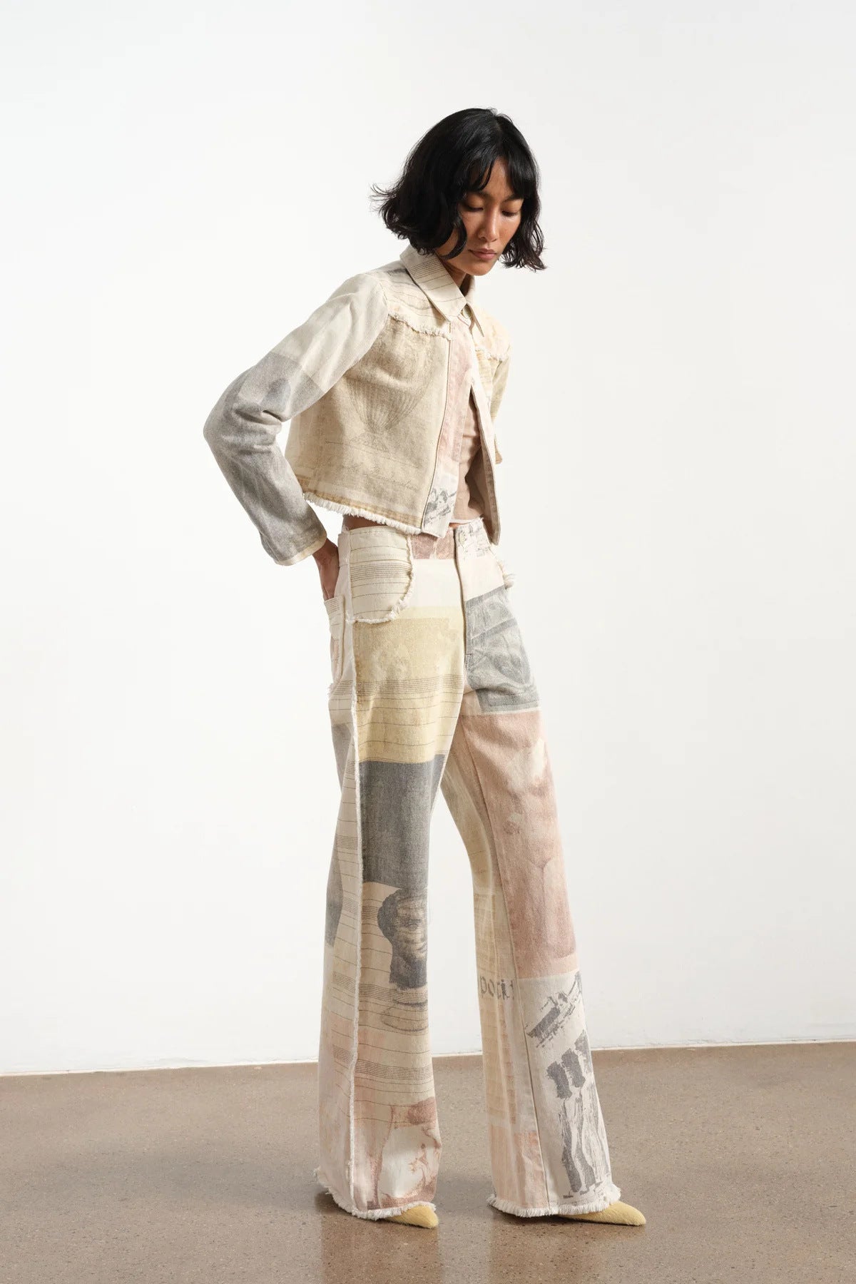 Retro Loose Print Wide Leg Straight Mop Denim Trousers