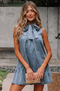 Real Teal Bowknot Neck Sleeveless Ruffled Chambray Dress - Modestly Vogue