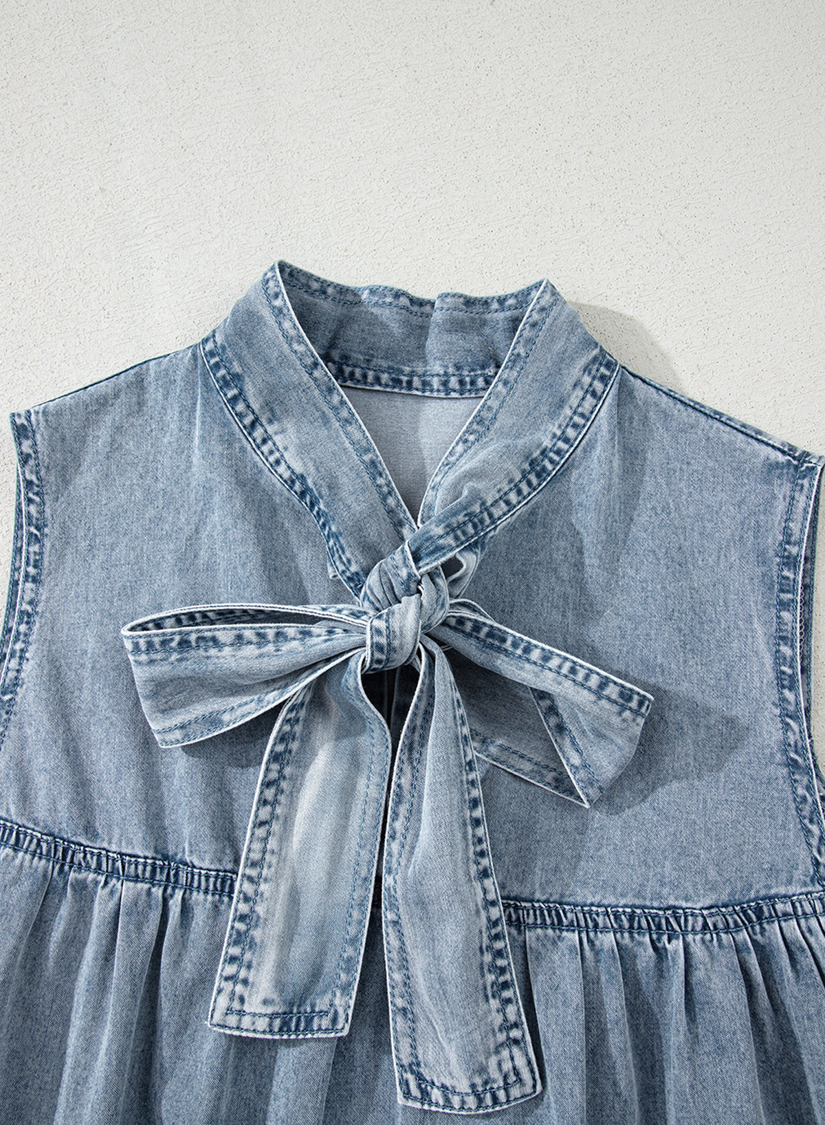 Real Teal Bowknot Neck Sleeveless Ruffled Chambray Dress - Modestly Vogue