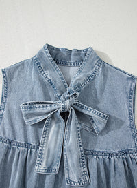 Real Teal Bowknot Neck Sleeveless Ruffled Chambray Dress - Modestly Vogue