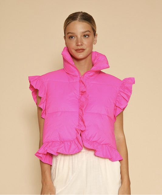 Cropped ruffle puffer vest