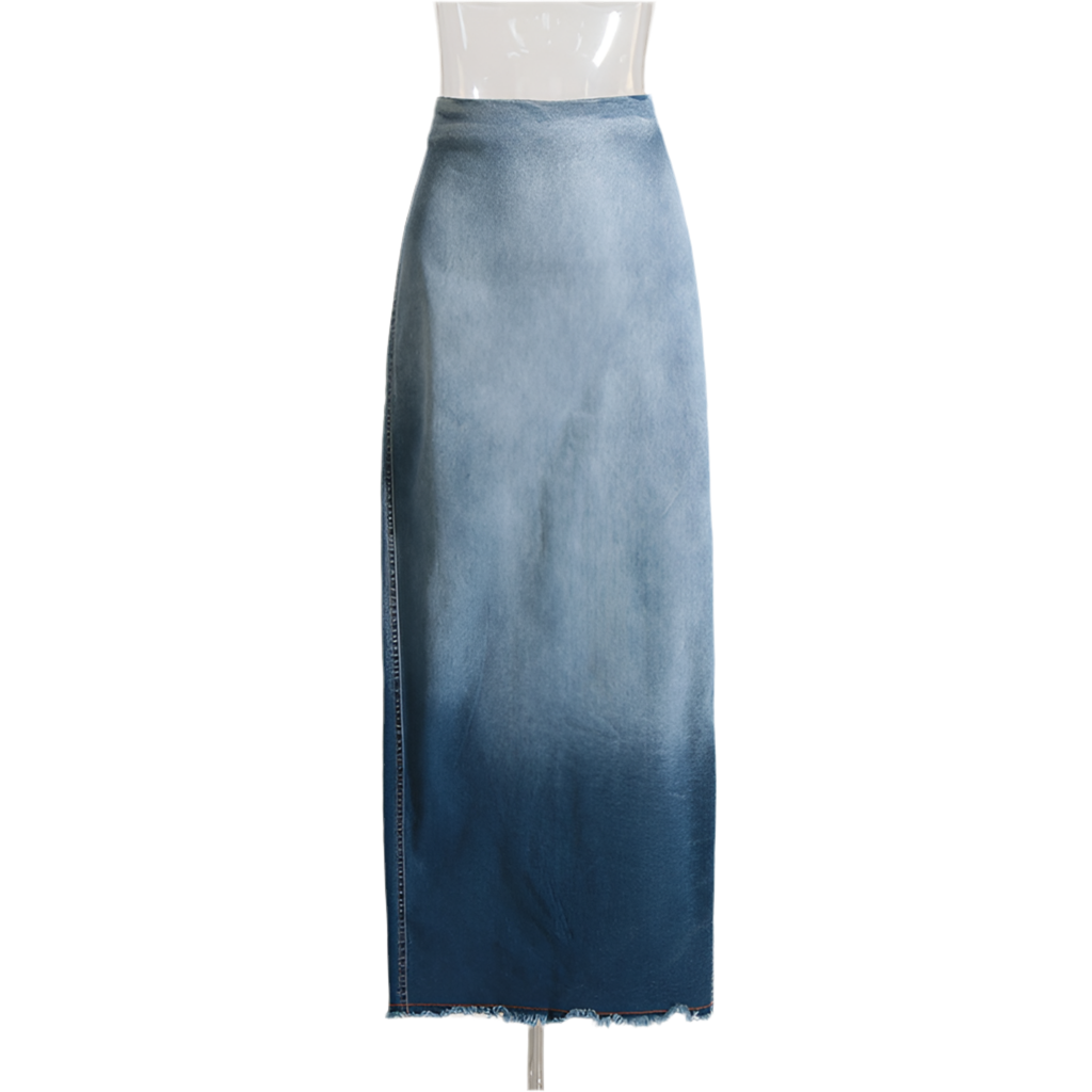 Blue Gradient Washed Denim Skirt for Women - Frayed Hem Split Slimming Design