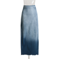Blue Gradient Washed Denim Skirt for Women - Frayed Hem Split Slimming Design