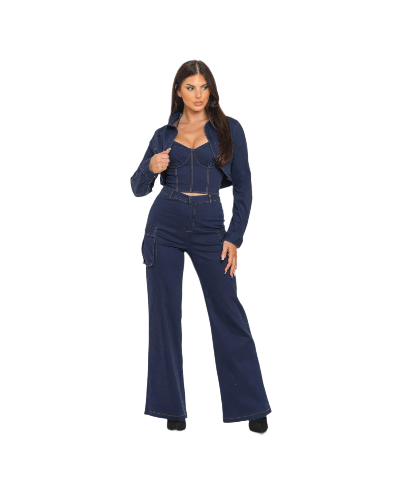 Blue Denim Crop Jacket 3PC Set – Stylish & Trendy Coordinated Look
