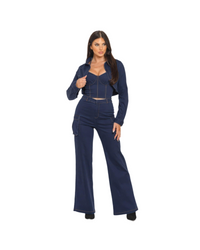 Blue Denim Crop Jacket 3PC Set – Stylish & Trendy Coordinated Look