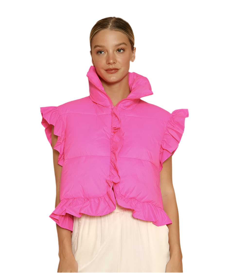 Cropped ruffle puffer vest