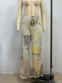 Retro Loose Print Wide Leg Straight Mop Denim Trousers
