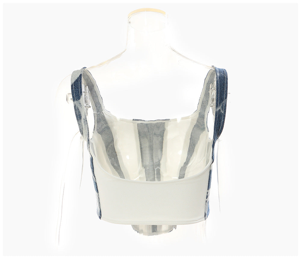 Stitching Contrast Color Washed Denim Slim Top Vest Camisole Women