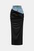 Blue Denim Patchwork Color Block Ruched Zipper Skirt