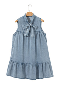 Real Teal Bowknot Neck Sleeveless Ruffled Chambray Dress - Modestly Vogue