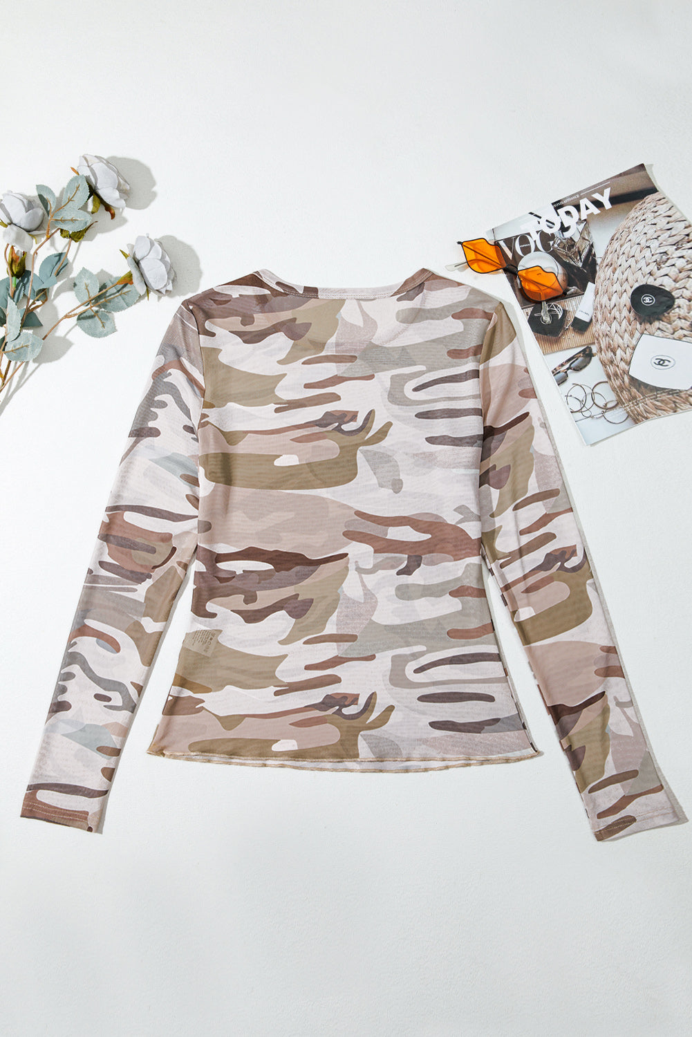 Green Camouflage Print Slim Fit Long Sleeve Top – Women's - Modestly Vogue