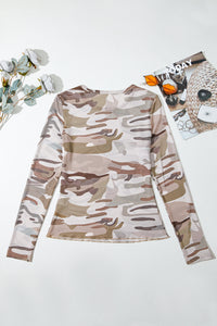 Green Camouflage Print Slim Fit Long Sleeve Top – Women's - Modestly Vogue