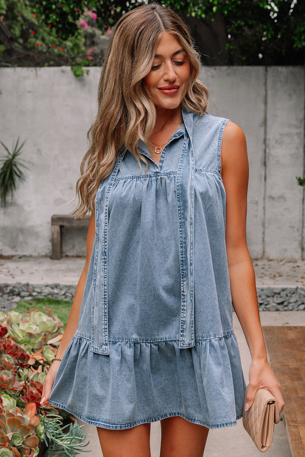 Real Teal Bowknot Neck Sleeveless Ruffled Chambray Dress - Modestly Vogue