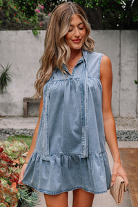 Real Teal Bowknot Neck Sleeveless Ruffled Chambray Dress - Modestly Vogue
