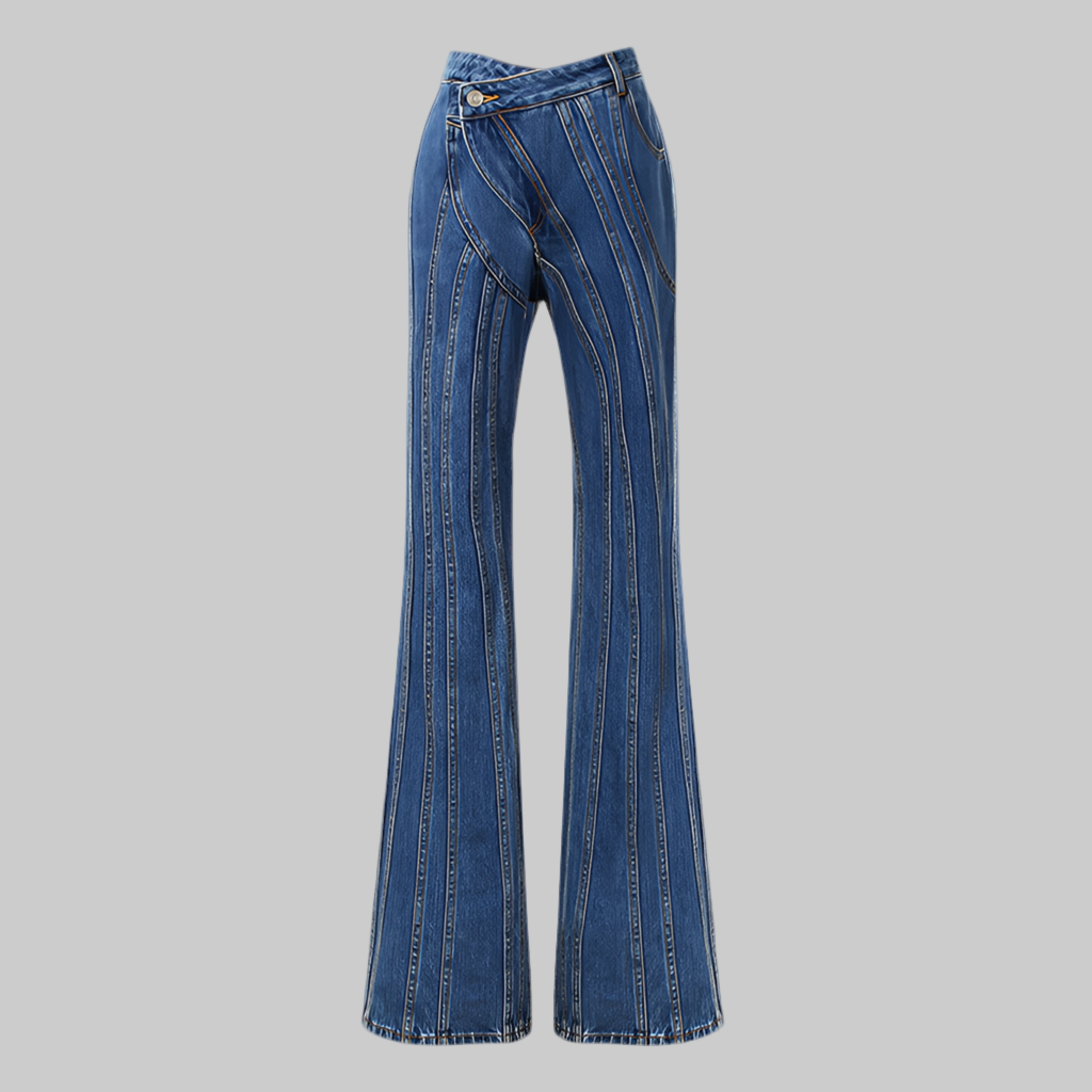 Blue Niche Designer Trousers Asymmetric Oblique Waist Placket Multi Line Split Stitching Structure Cut Jeans