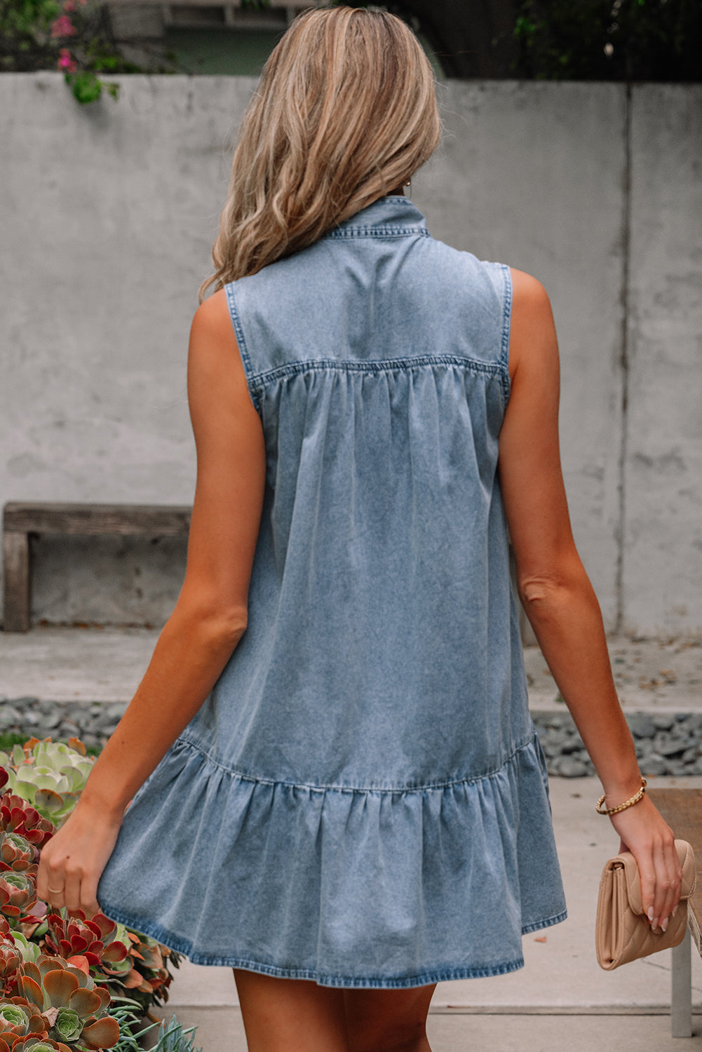 Real Teal Bowknot Neck Sleeveless Ruffled Chambray Dress - Modestly Vogue