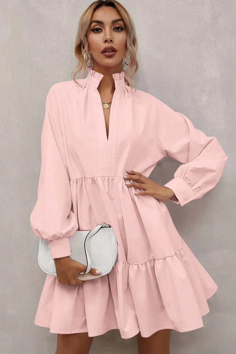 Pink Frilled Stand Collar Long Sleeve Ruffle Dress - Modestly Vogue