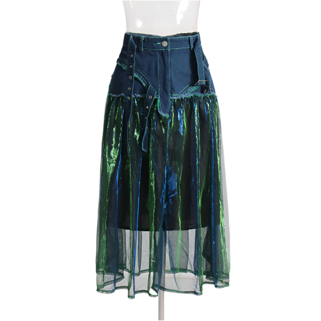 Blue Denim Stitching Mesh Skirt for Women - High Waist Slimming Elegant Design
