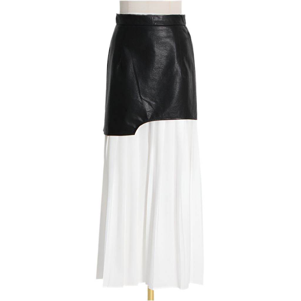Mid Length Pleated Leather Skirt Spring High Waist Stitching Mesh Skirt Women