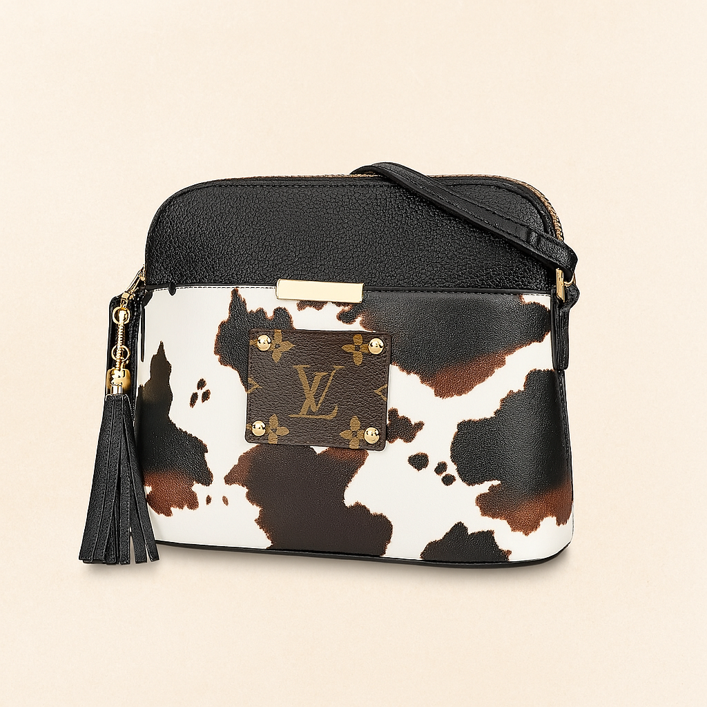 Versatile Upcycled LV Vegan Cowhide Print Crossbody Bag – Stylish & Functional - Modestly Vogue