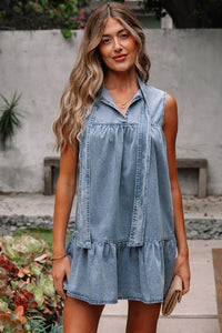 Real Teal Bowknot Neck Sleeveless Ruffled Chambray Dress - Modestly Vogue