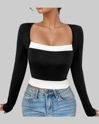 Women’s Long Sleeve Color Blocking T-Shirt – Square Collar Top