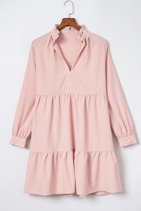Pink Frilled Stand Collar Long Sleeve Ruffle Dress - Modestly Vogue