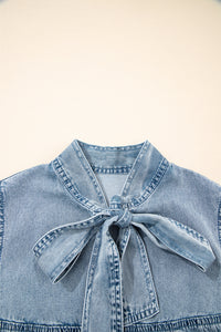 Real Teal Bowknot Neck Sleeveless Ruffled Chambray Dress - Modestly Vogue