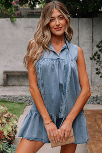 Real Teal Bowknot Neck Sleeveless Ruffled Chambray Dress - Modestly Vogue