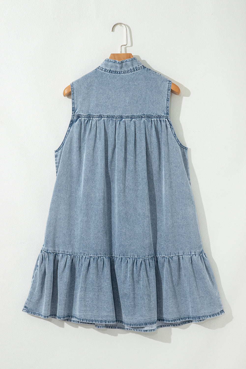 Real Teal Bowknot Neck Sleeveless Ruffled Chambray Dress - Modestly Vogue