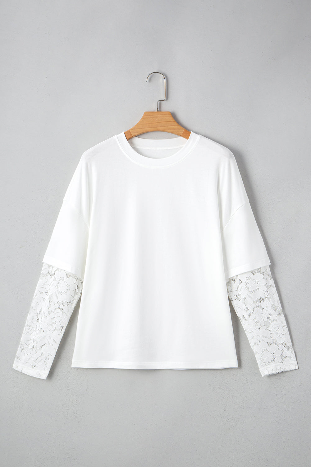 White Lace Long Sleeve Tee – Fake Two-Piece Drop Shoulder - Modestly Vogue