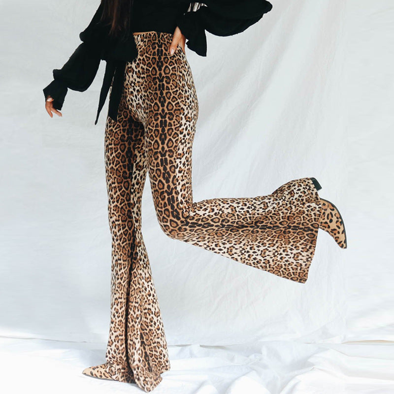 Leopard Print Elastic High Waist Bell-bottom Pants Women Long Women Clothing