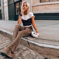 Leopard Print Elastic High Waist Bell-bottom Pants Women Long Women Clothing