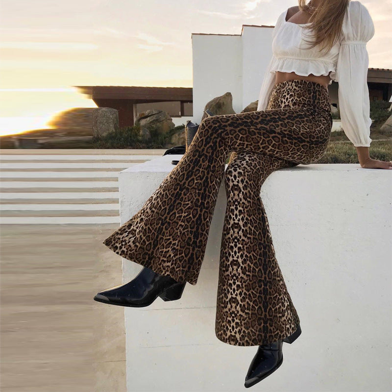 Leopard Print Elastic High Waist Bell-bottom Pants Women Long Women Clothing