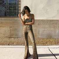 Leopard Print Elastic High Waist Bell-bottom Pants Women Long Women Clothing