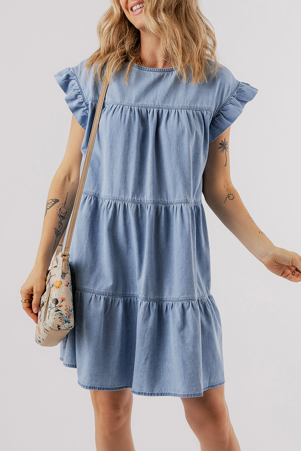 Beau Blue Ruffle Short Sleeve Tiered A-line Denim Dress - Modestly Vogue