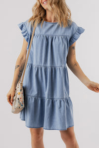 Beau Blue Ruffle Short Sleeve Tiered A-line Denim Dress - Modestly Vogue