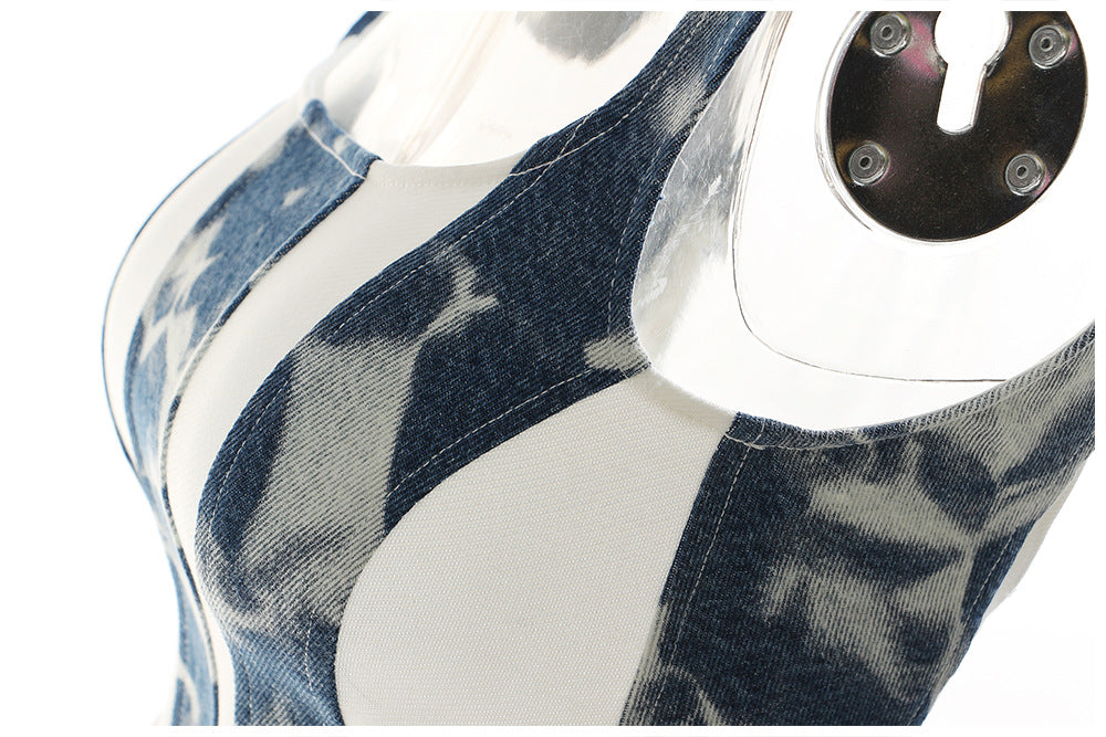 Stitching Contrast Color Washed Denim Slim Top Vest Camisole Women