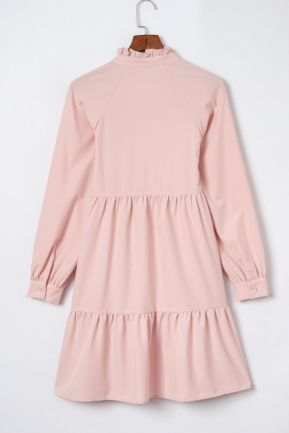 Pink Frilled Stand Collar Long Sleeve Ruffle Dress - Modestly Vogue