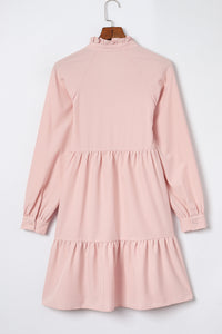 Pink Frilled Stand Collar Long Sleeve Ruffle Dress - Modestly Vogue