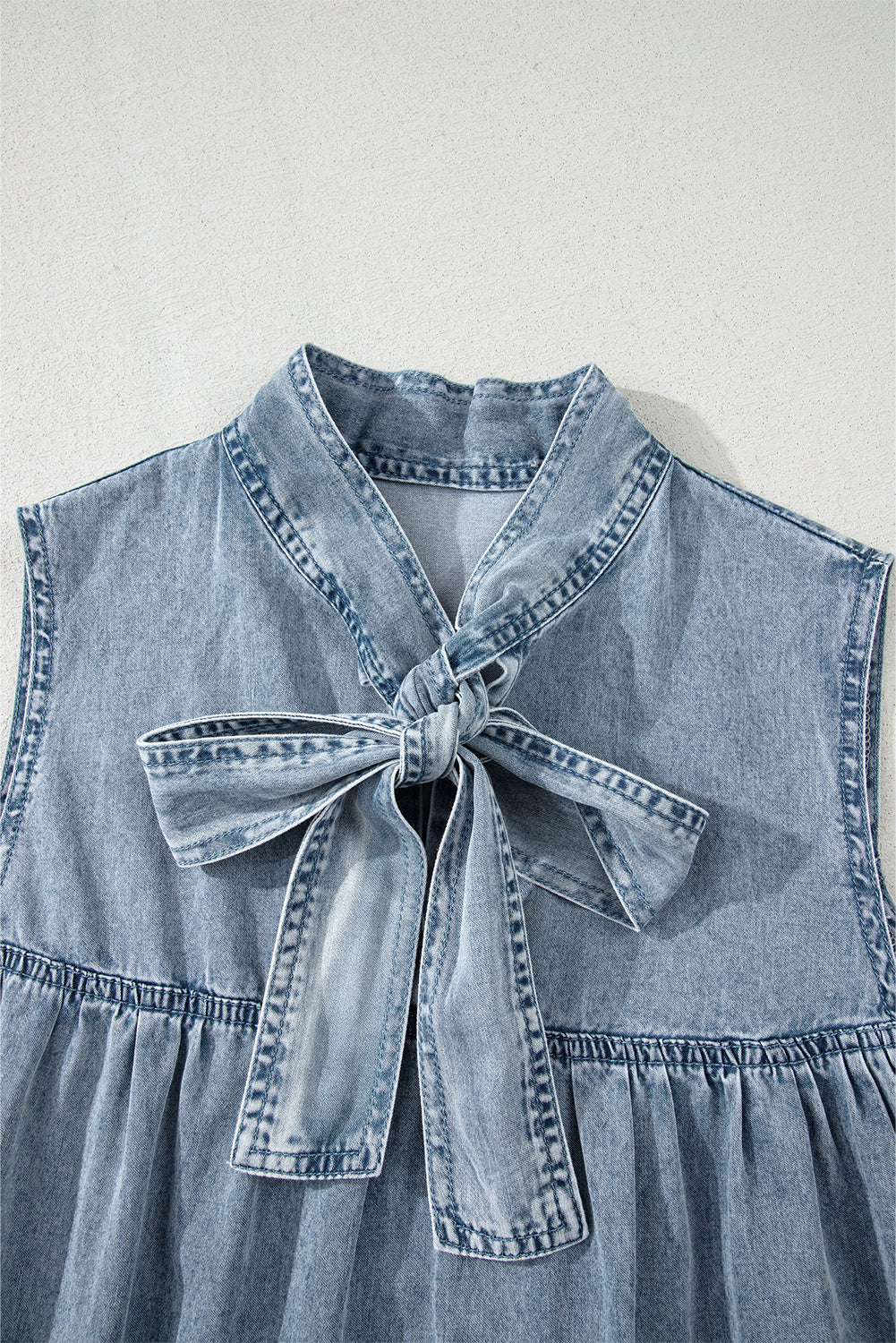 Real Teal Bowknot Neck Sleeveless Ruffled Chambray Dress - Modestly Vogue