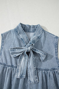 Real Teal Bowknot Neck Sleeveless Ruffled Chambray Dress - Modestly Vogue
