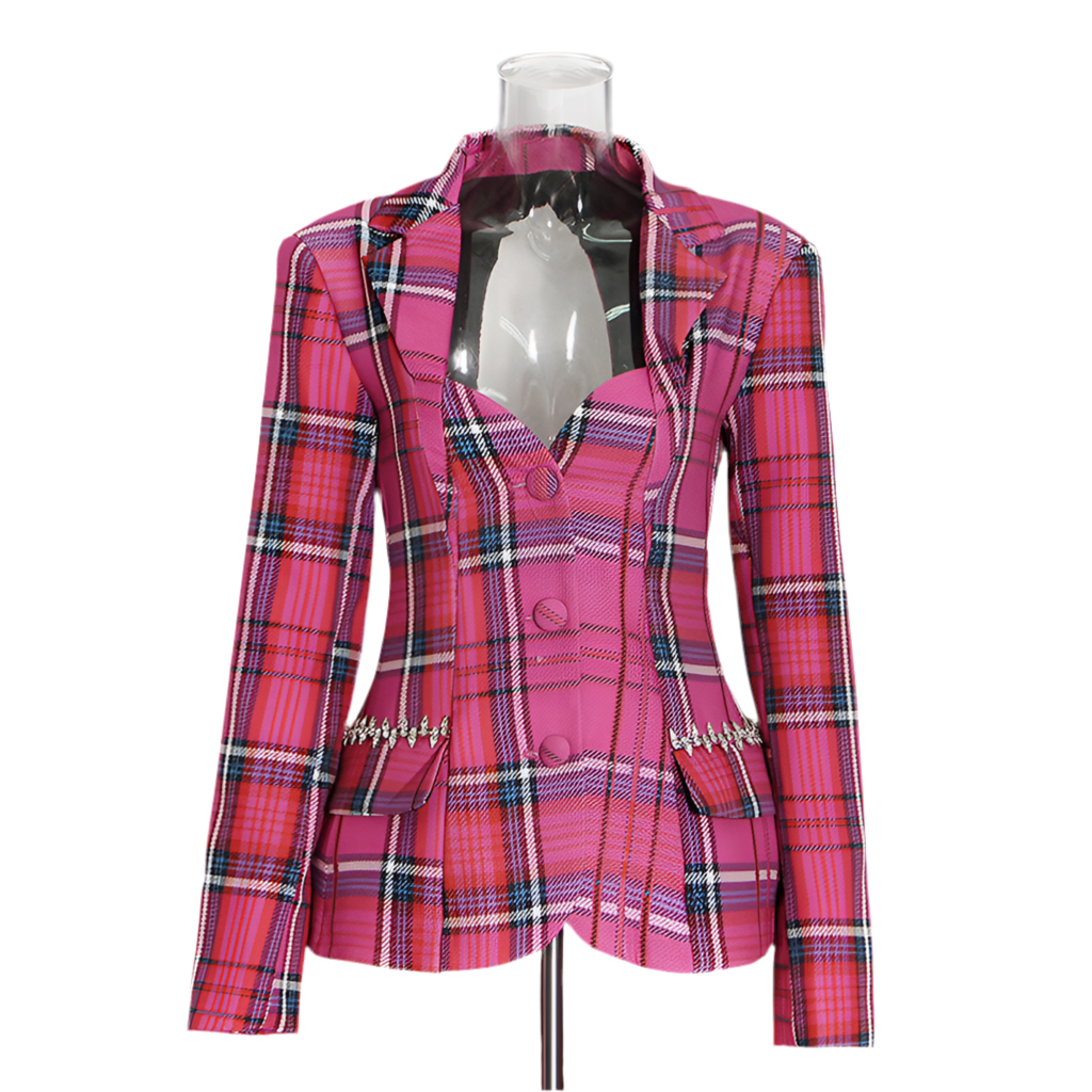 Pastel Backless Plaid Coat for Women - Spring Autumn Single Breasted