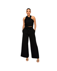Black Dressy Palazzo Pants & Halter Crop Top Set – 2 Piece Outfit
