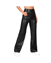 High Waist Faux Leather Straight Pants with Button & Pockets